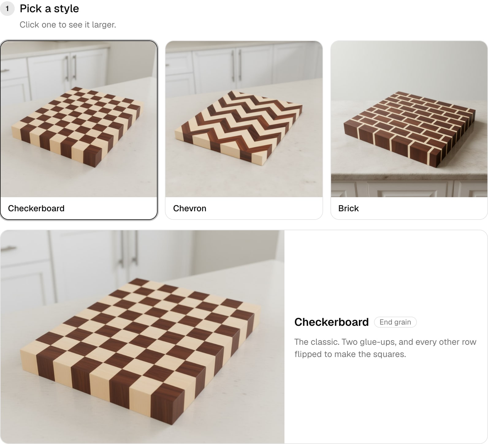 The designer's first step: checkerboard, chevron and brick boards shown on a kitchen counter, with the checkerboard selected and shown large