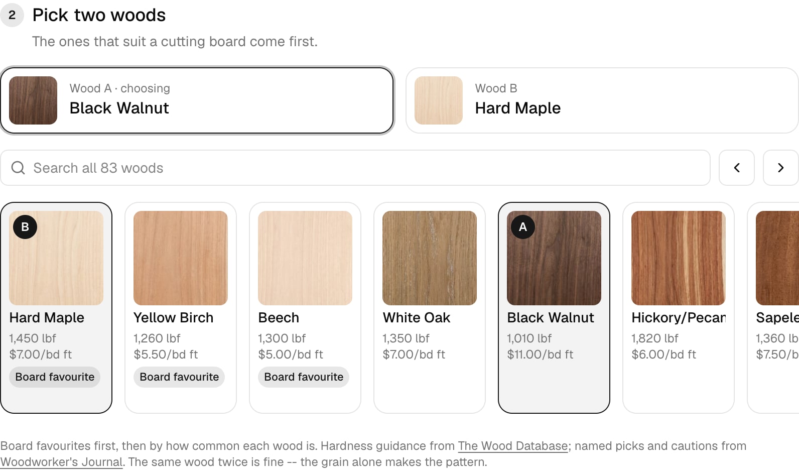 The wood picker: two slots for wood A and wood B above a row of wood cards showing hardness and price, the first three marked as board favourites