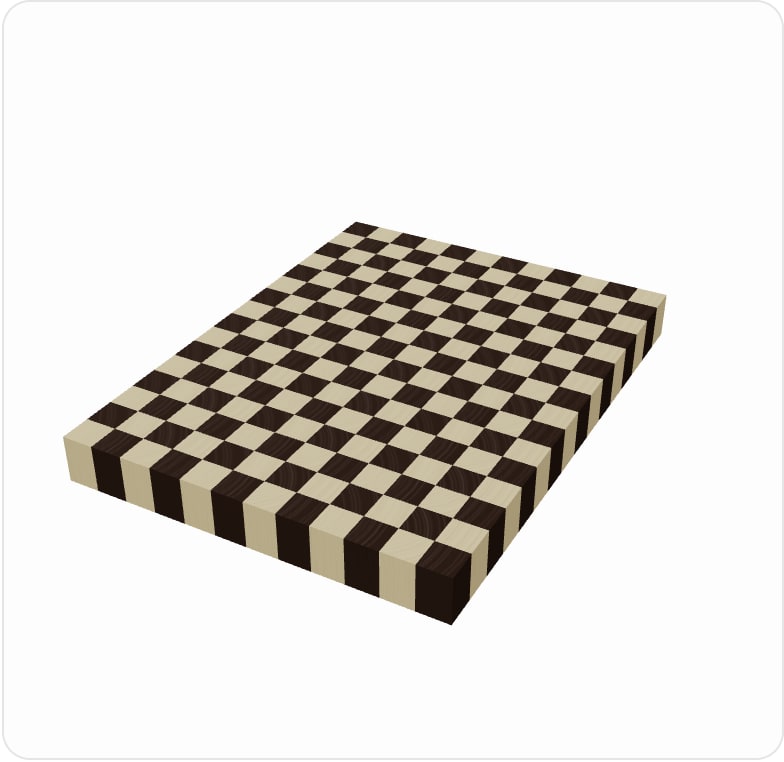 The same board in the designer's 3D view, end grain squares on top and stripes down the sides