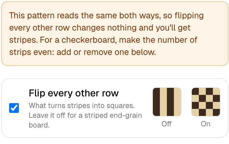 A warning that an odd number of strips reads the same both ways, so flipping every other row changes nothing, above the flip option with its off and on thumbnails