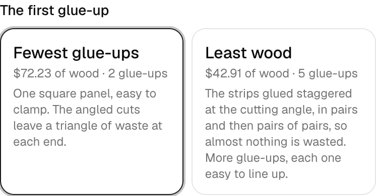 Two choices for a chevron board's first glue-up: fewest glue-ups, or least wood, each with its cost and number of glue-ups