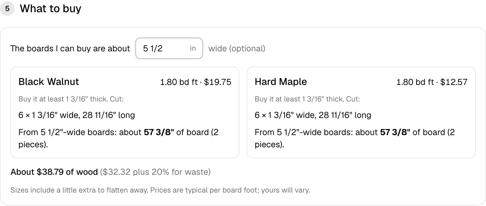 The what-to-buy list: walnut and maple each with their pieces, board feet, cost, and how much 5 1/2 inch wide board that works out to