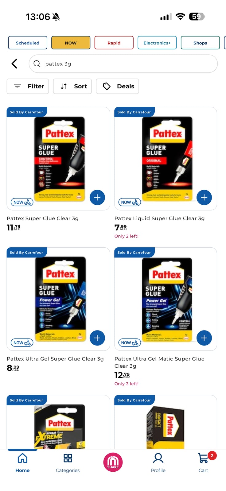 A phone screenshot of a shopping app listing several tubes of Pattex super glue