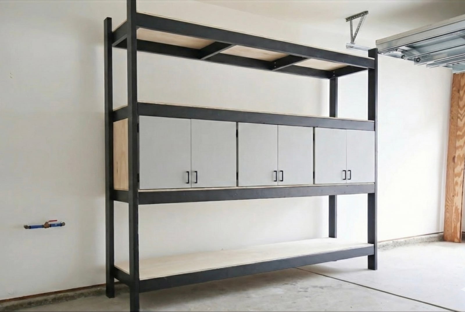 An AI-generated render of shelves with doors fitted along a garage wall