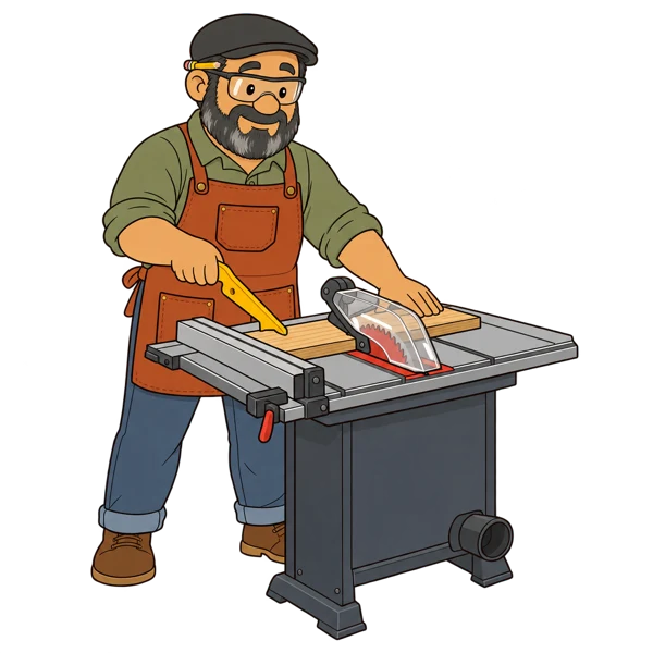 Gus using a table saw safely, with the blade guard on, safety glasses down, and a push stick