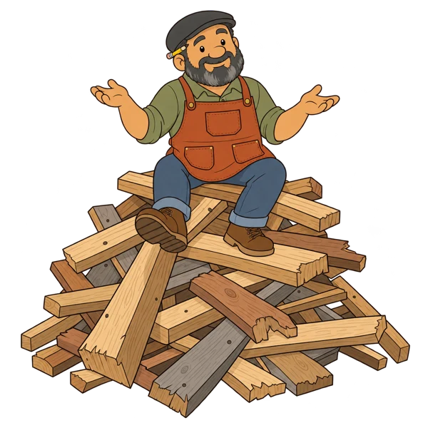 Gus sitting contentedly on a large pile of unsorted lumber