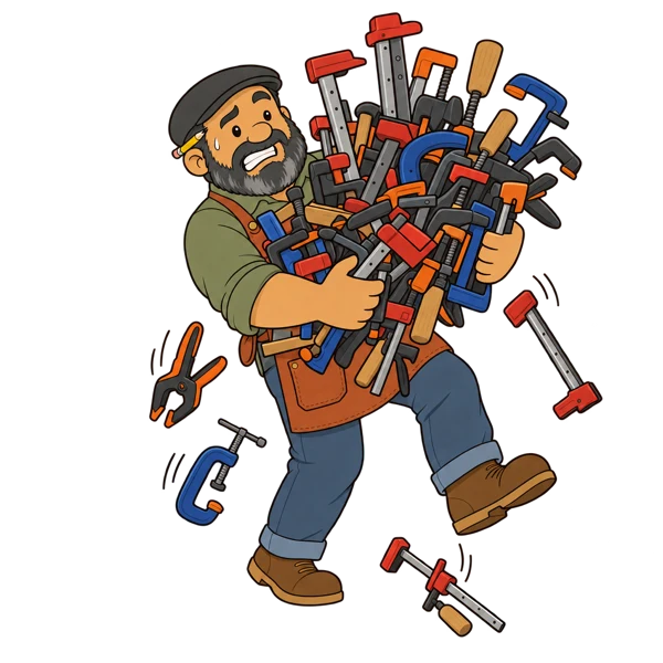 Gus carrying far too many clamps, several of them falling