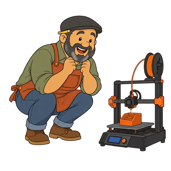 Gus crouching, delighted, watching a 3D printer produce a shop organizer bin