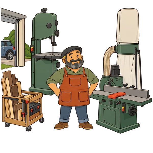 Gus standing proudly among large stationary machines, with the car exiled to the driveway outside