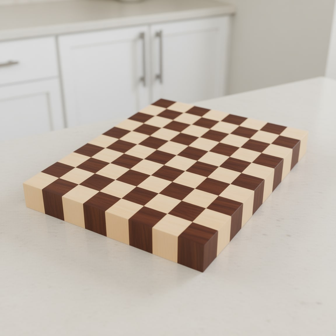 A walnut and maple end grain checkerboard cutting board on a kitchen counter