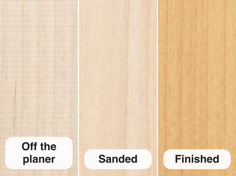 The same board shown three ways side by side: off the planer, sanded, and finished