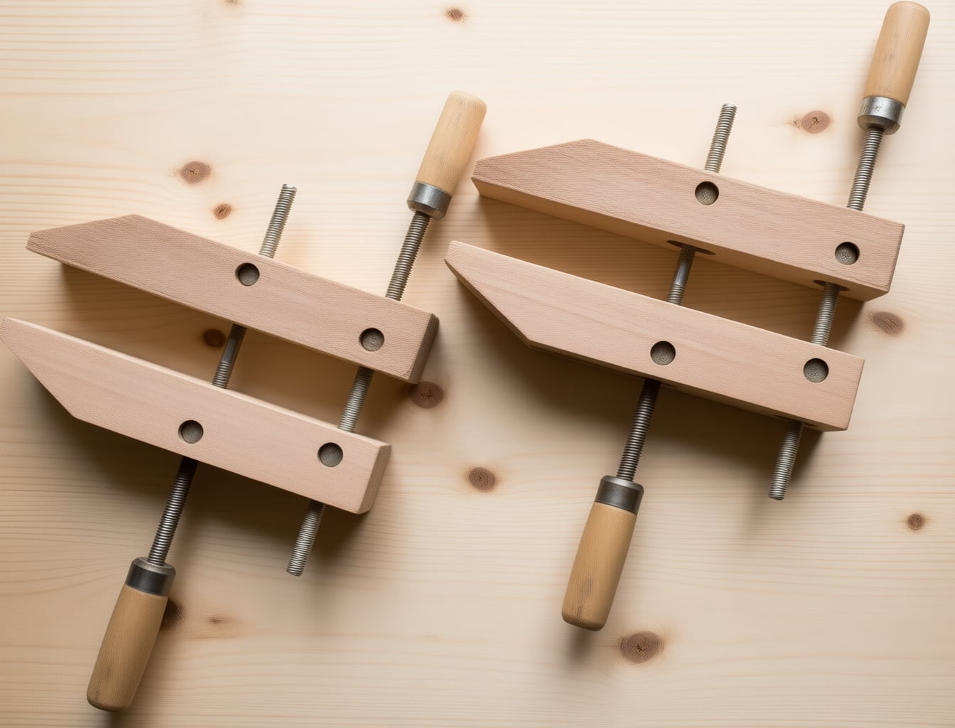 A pair of hand screws. Two independent spindles mean the jaws can close parallel or skewed, so they grip a tapered piece as willingly as a square one.