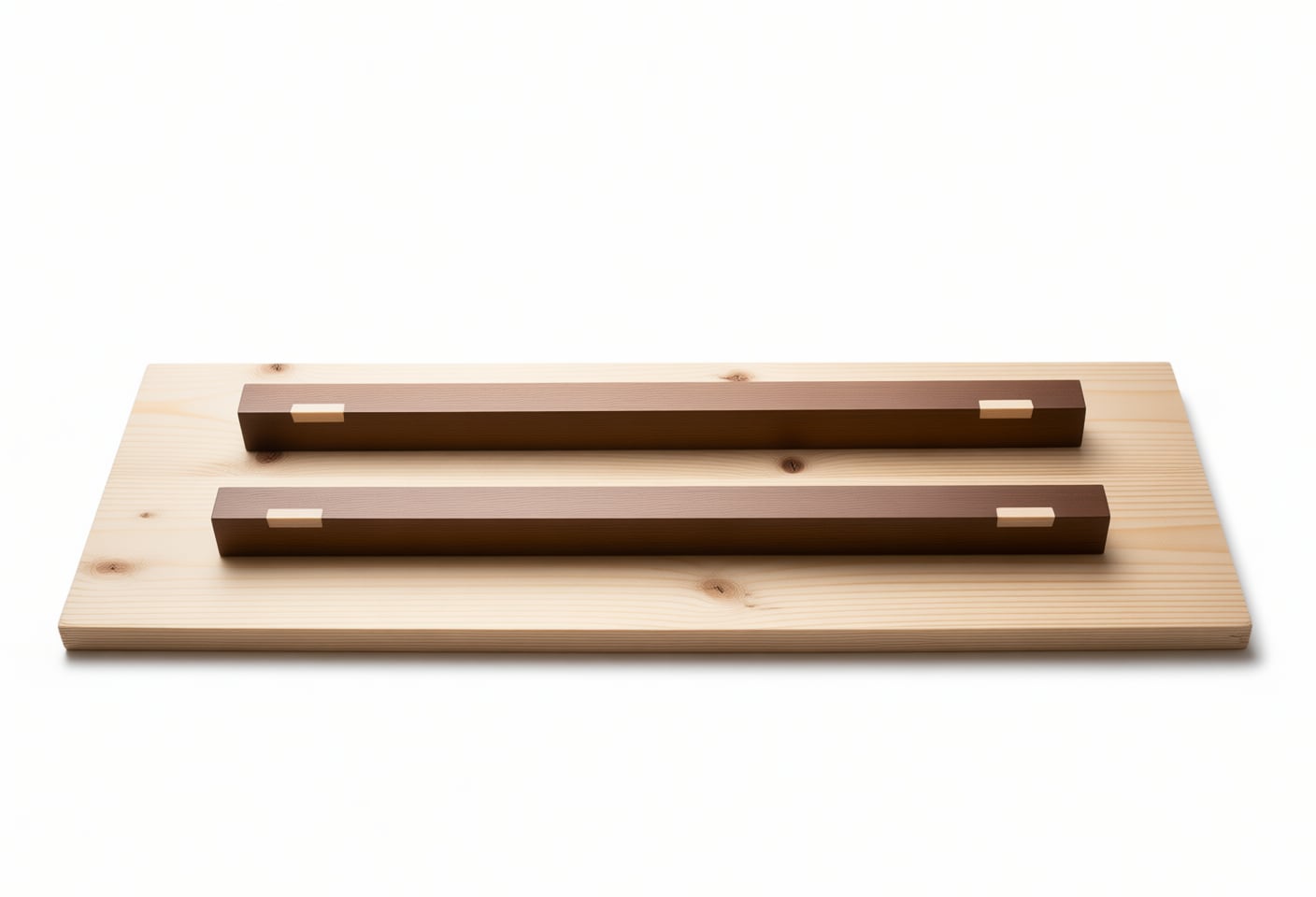 A pair of winding sticks set across a board. Sight along the top edges from one end -- if the far stick does not line up with the near one, the board is in twist.