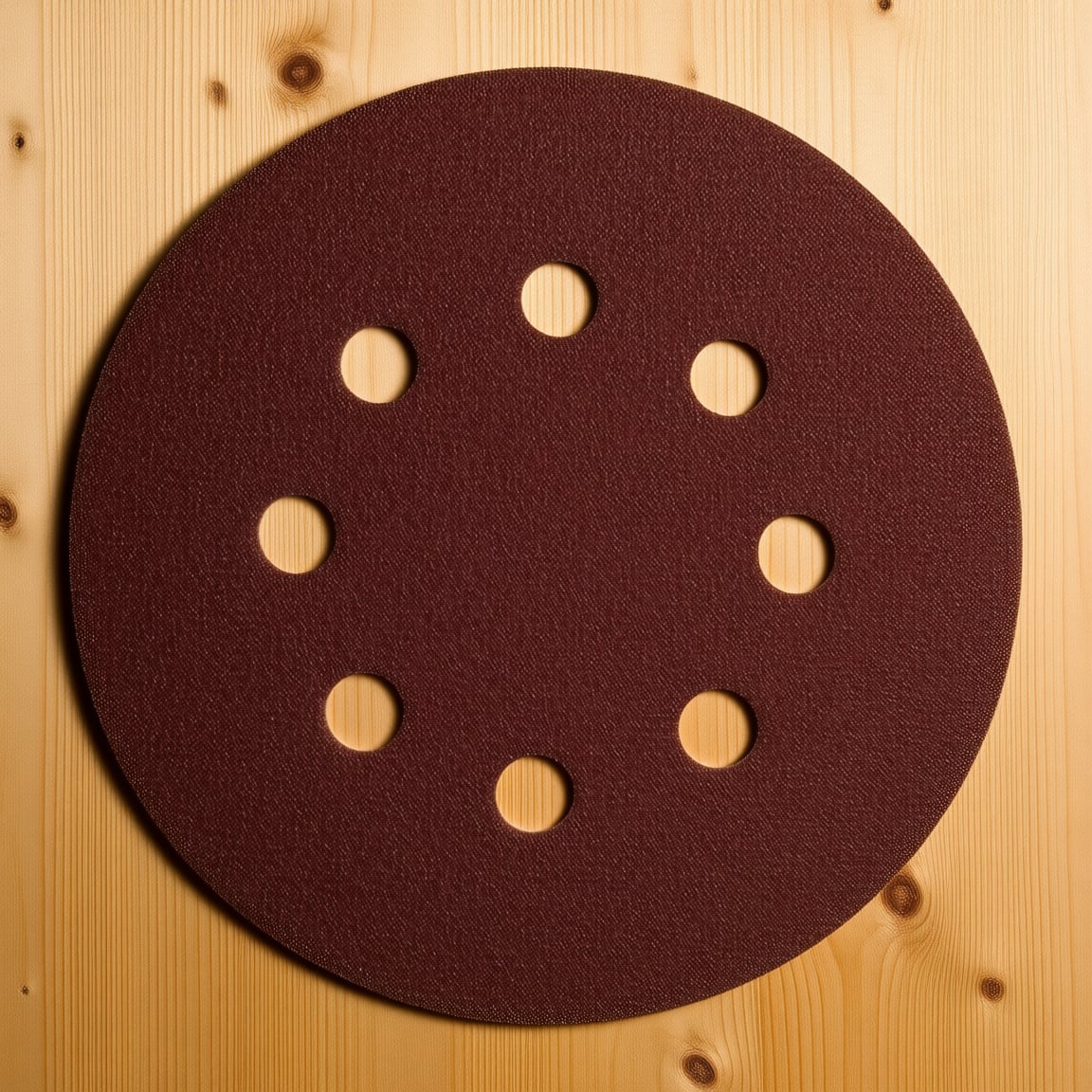 A hook-and-loop sanding disc. The ring of holes lines up with the sander’s extraction ports, which is most of the difference between cutting and clogging.