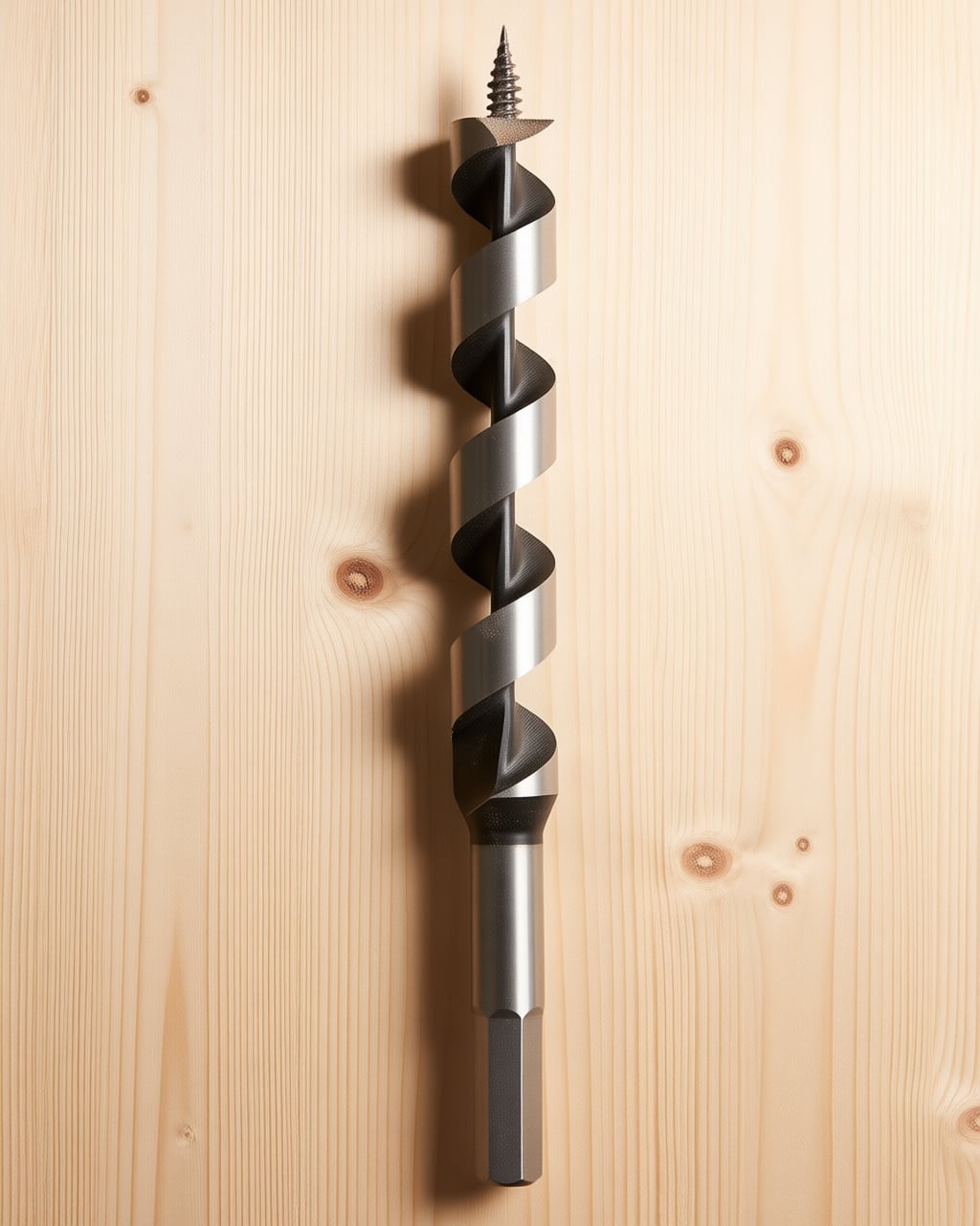An auger bit. The screw point pulls the bit into the wood and the deep single flute lifts the shavings back out of a deep hole.