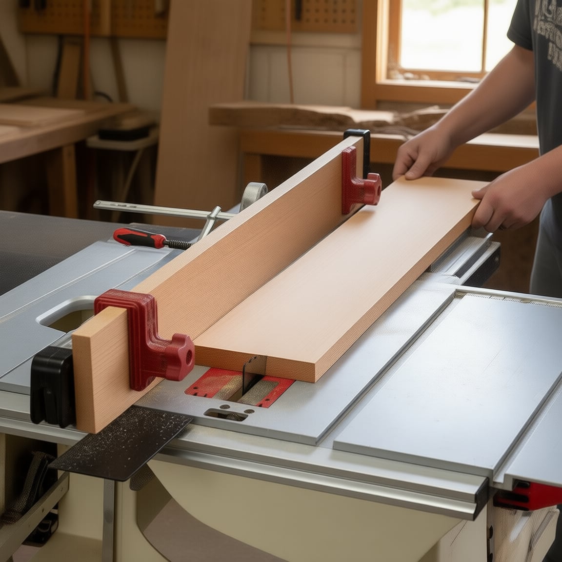 An auxiliary fence clamped to the saw's rip fence -- a sacrificial wooden face you can cut into, screw stops to, or bury a dado blade against without ever touching the fence itself.