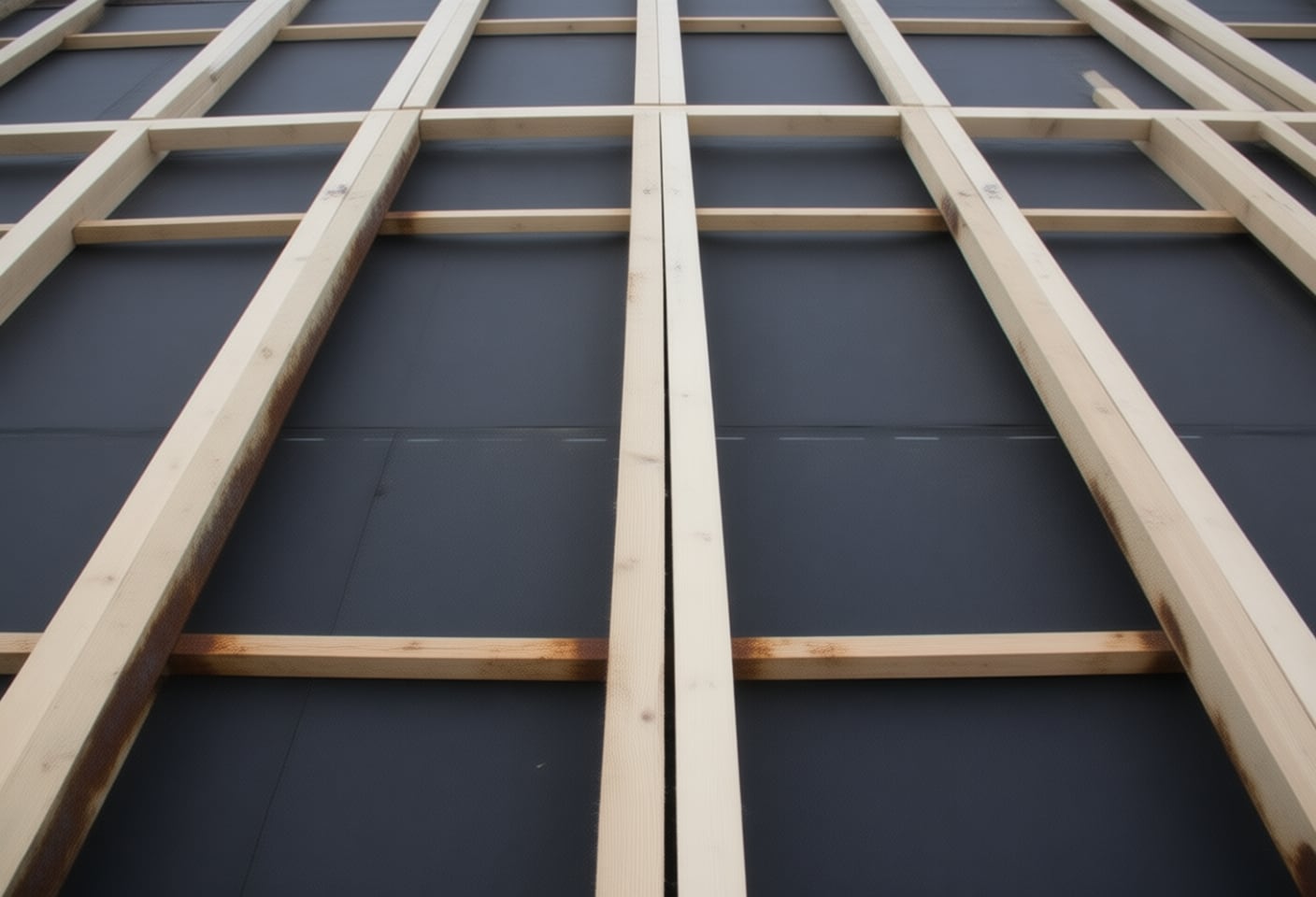 Battens running across the rafters in regular courses -- plain strips of stock doing a structural job nobody will ever see them doing.