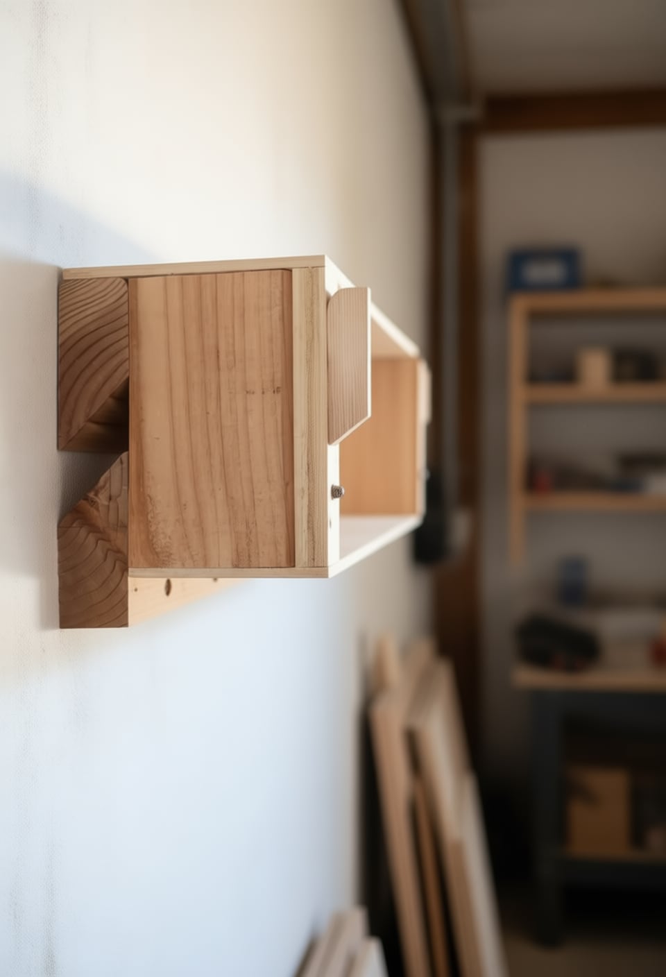 A french cleat carrying a shelf: one bevelled strip screwed to the wall, its mate on the back of the shelf, and gravity holding the two together.