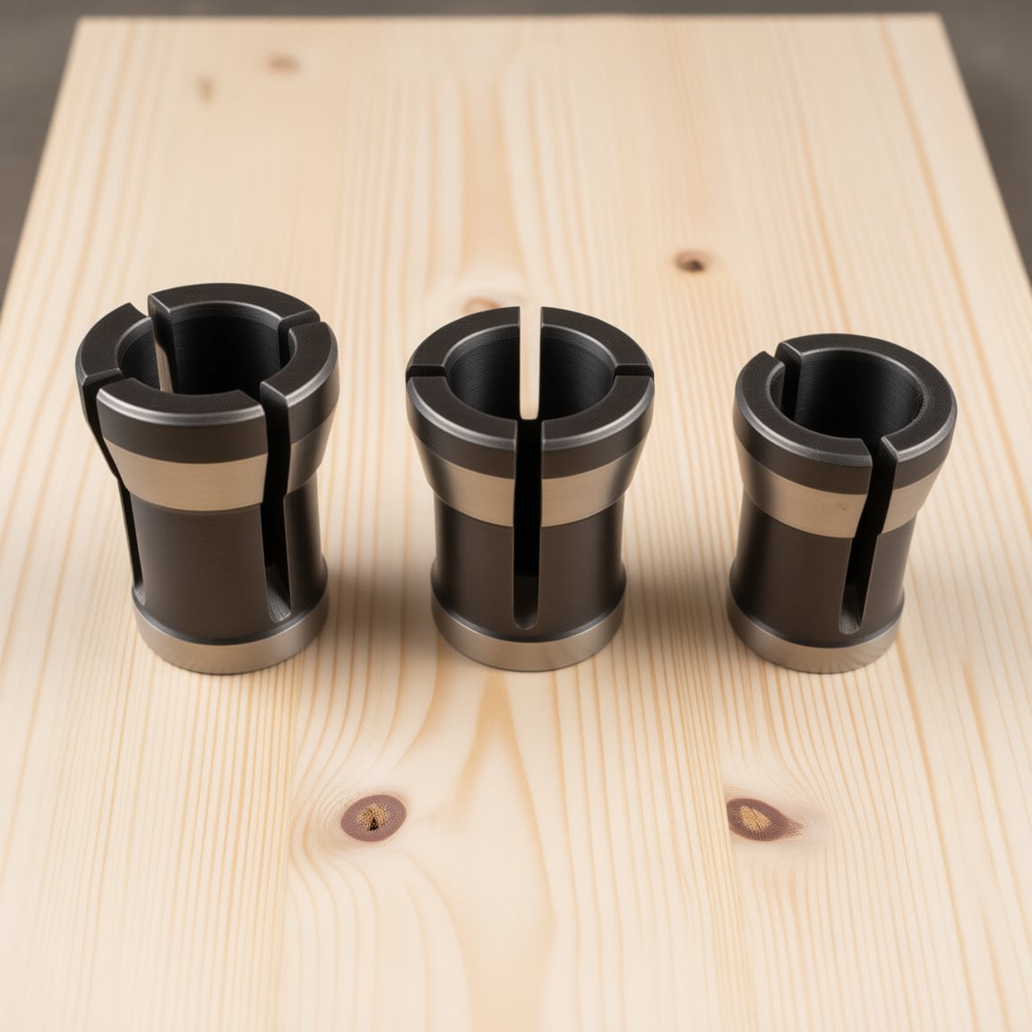 Router collets. The slits let the sleeve squeeze closed around the bit shank -- which is why a collet grips, and why a worn one stops gripping.