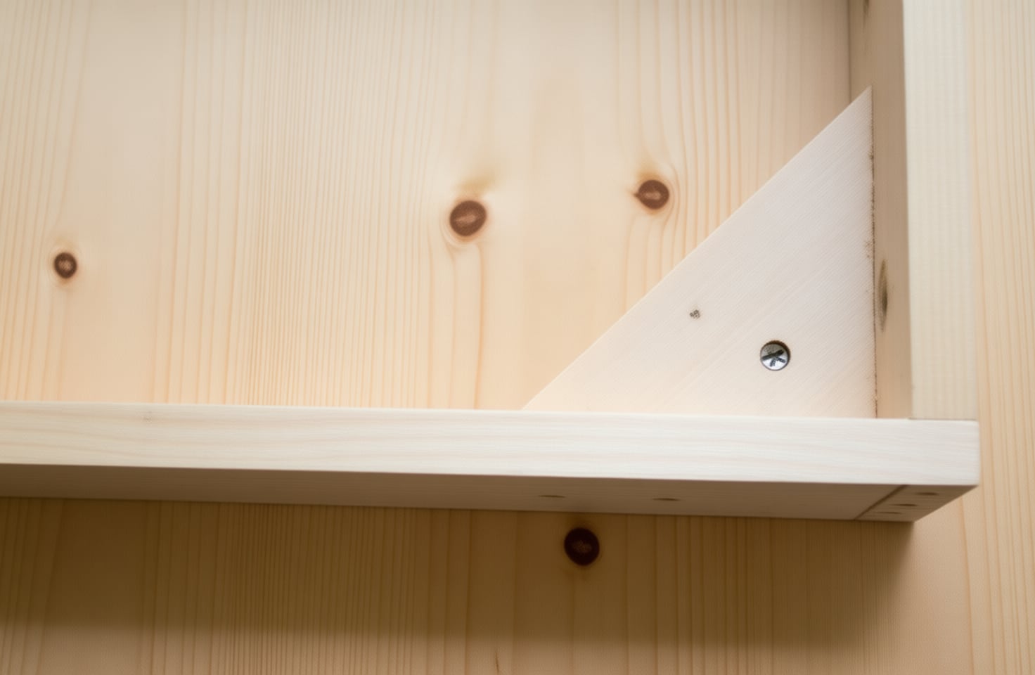 A gusset let into a frame corner. It turns a joint that can rack into a triangle, which cannot.