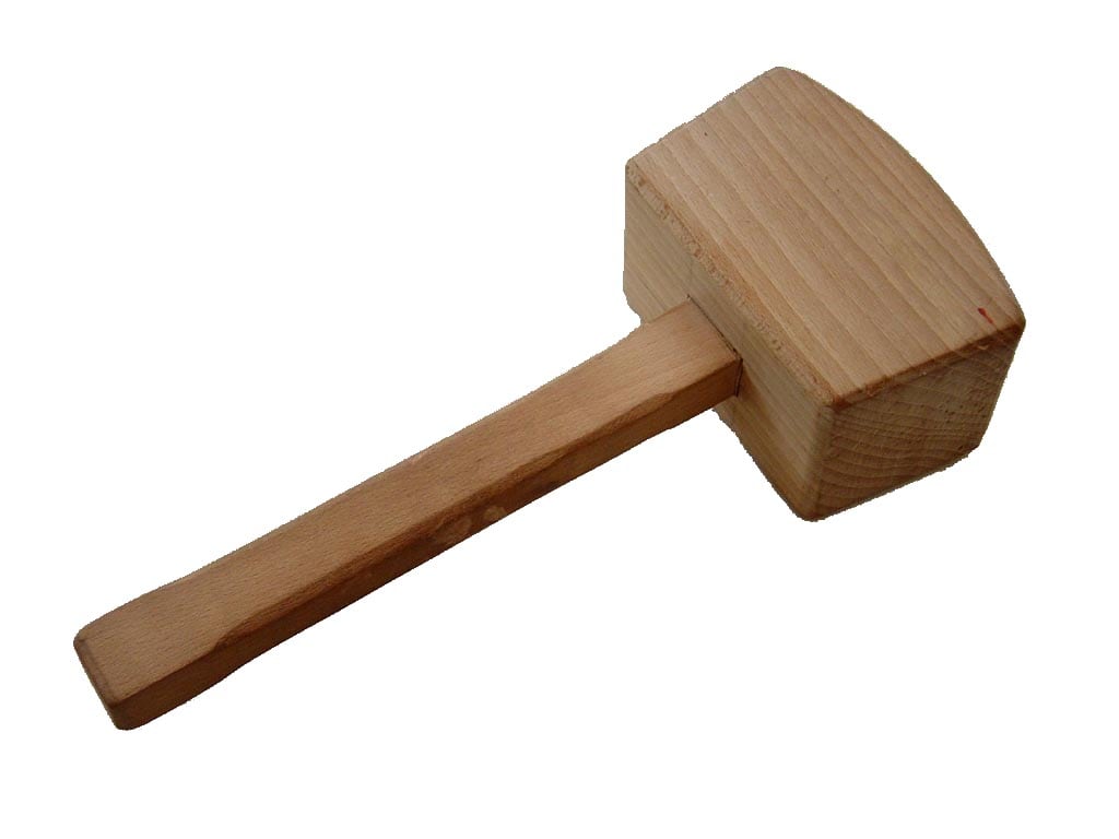 A joiner’s mallet. The faces are angled rather than parallel, so the head lands flat on a chisel handle at the end of the swing.
