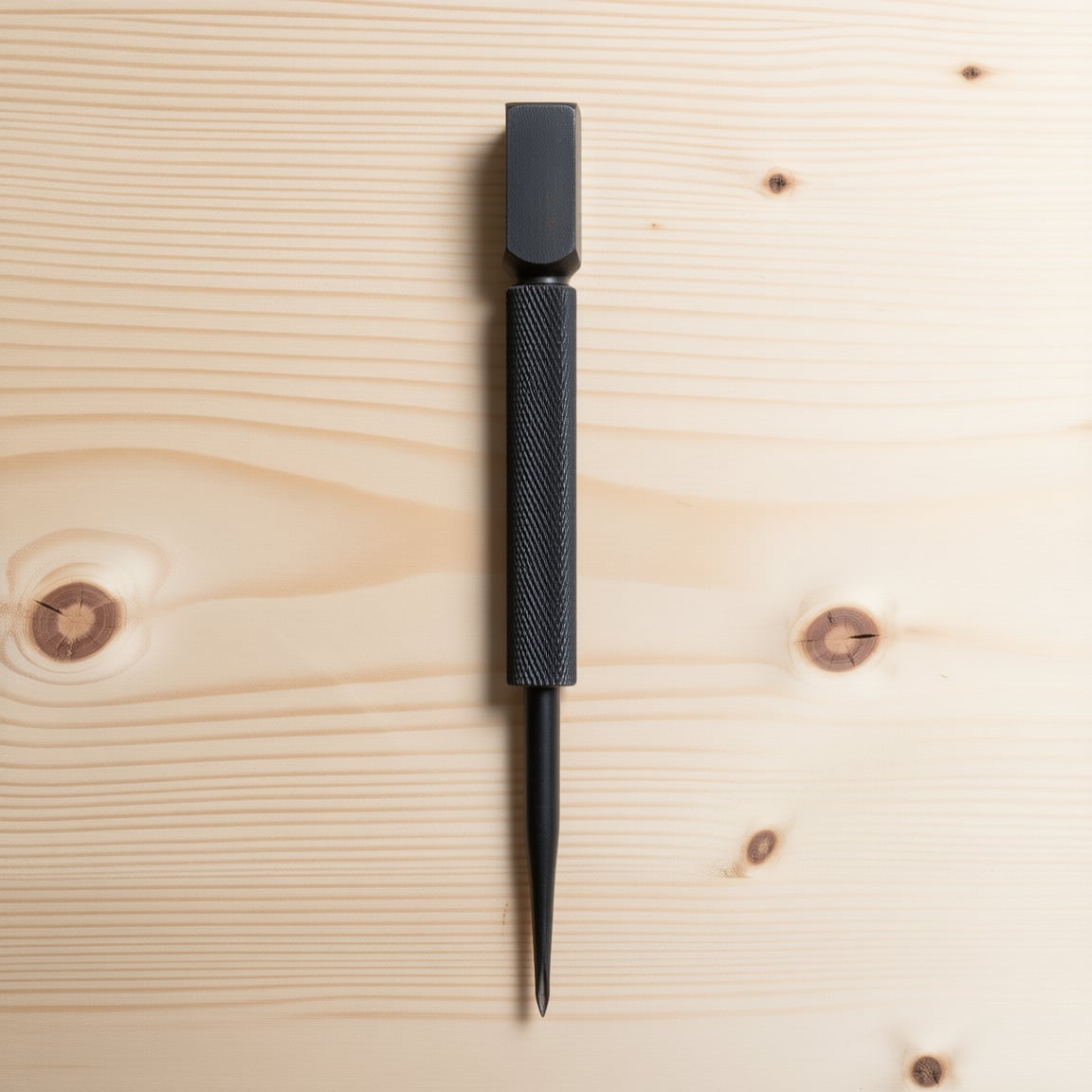 A nail set. The cupped tip sits over the nail head without skating off it, so the last blow drives the nail below the surface instead of denting the wood around it.