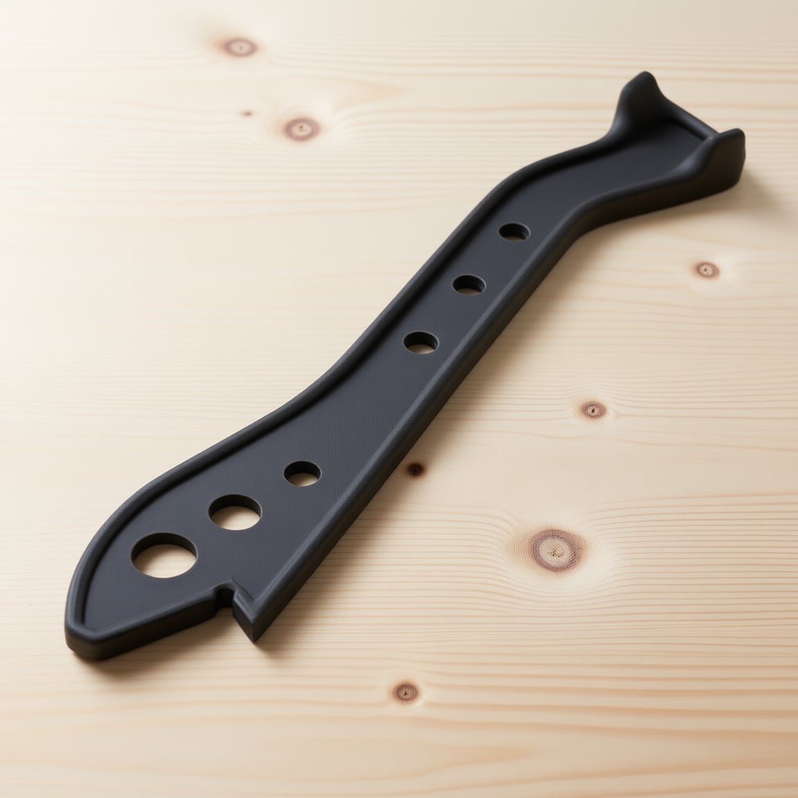 A push stick. The notch at the heel hooks the end of the board, so the hand driving the cut is never in line with the blade.