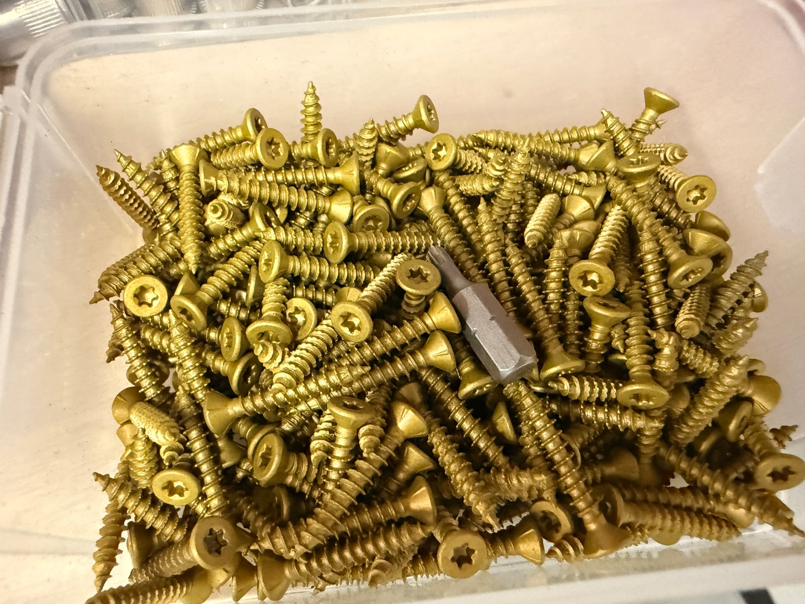 Star-drive (Torx) countersunk wood screws with their driver bit. The star recess is far harder to cam out of than a Phillips, which is why it has taken over.