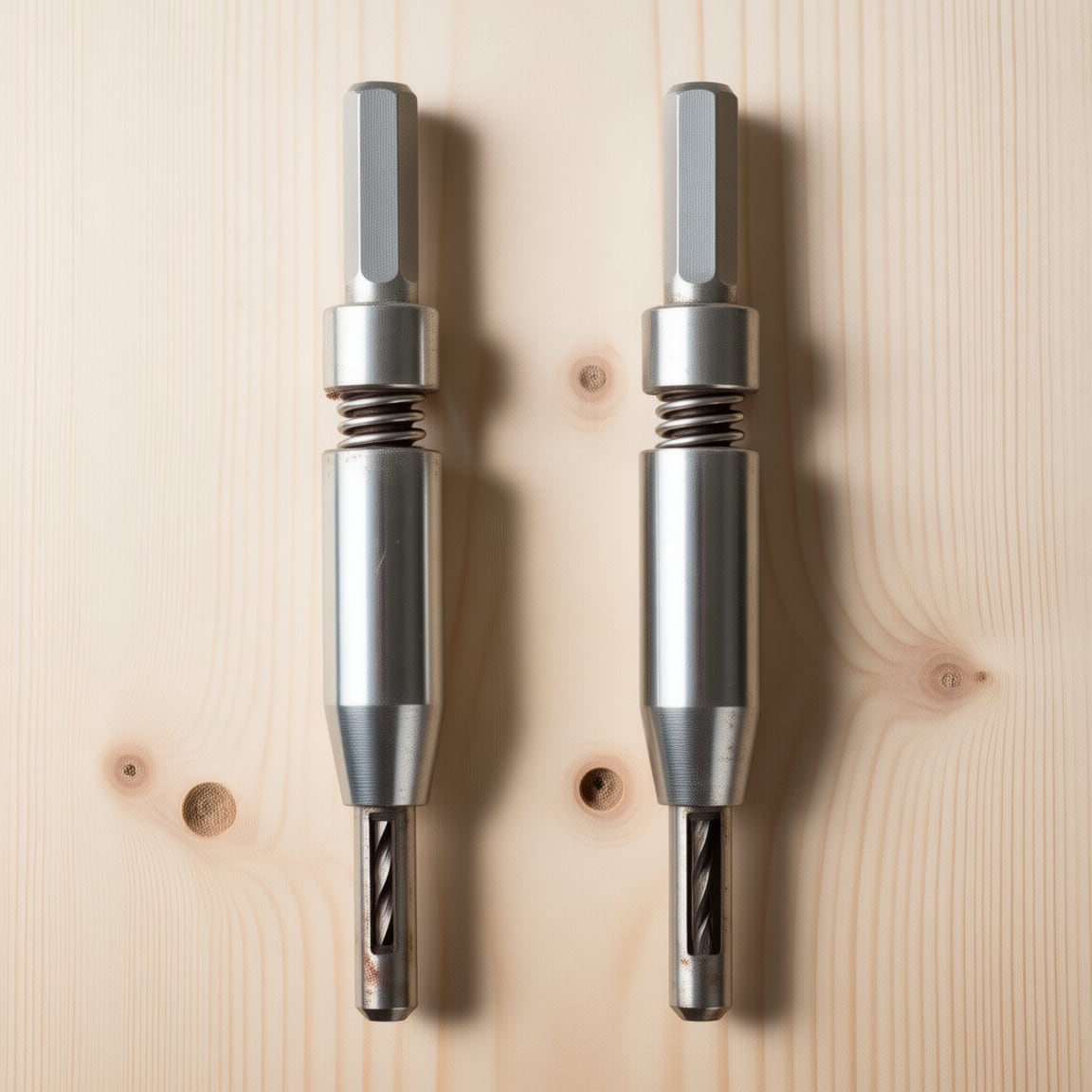 Self-centering bits. The tapered nose finds the middle of a hinge countersink on its own, so the screw pulls the hinge where it should sit instead of dragging it sideways.