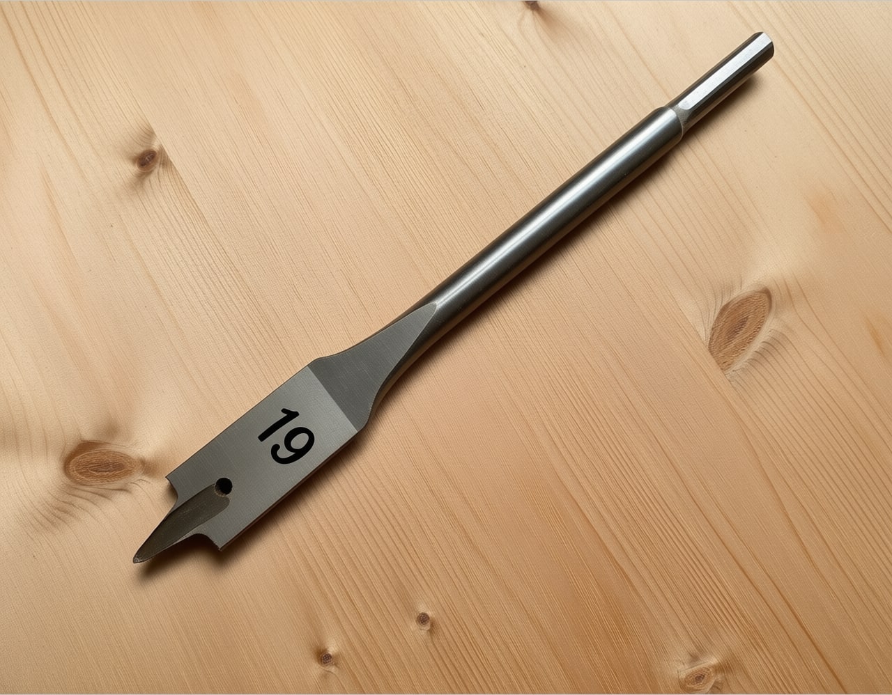 A 19mm spade bit -- the flat paddle, the long centre spur that locates the hole, and the small spurs at the outer corners that score the rim before the flats cut.
