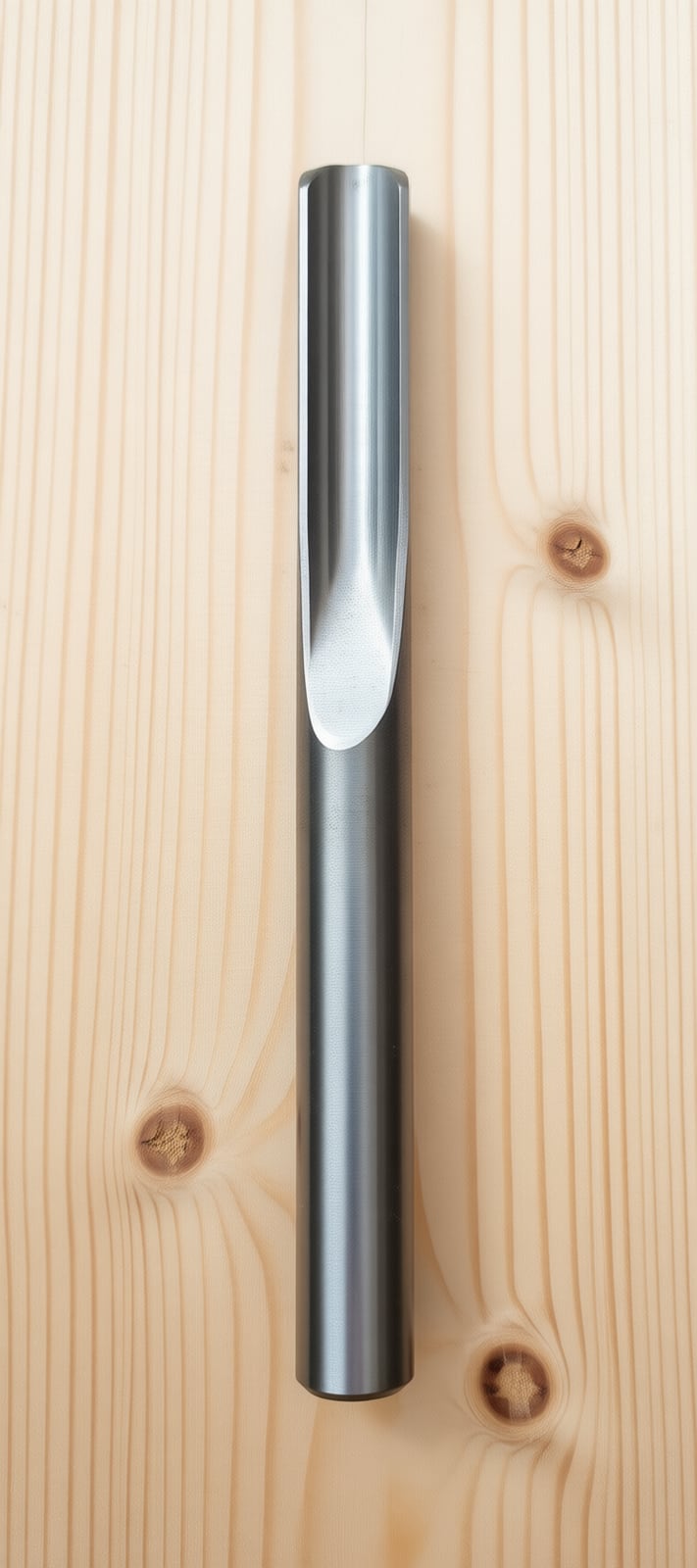 A straight bit: two straight cutting edges and a flat tip. The bit for grooves, dados and rebates.