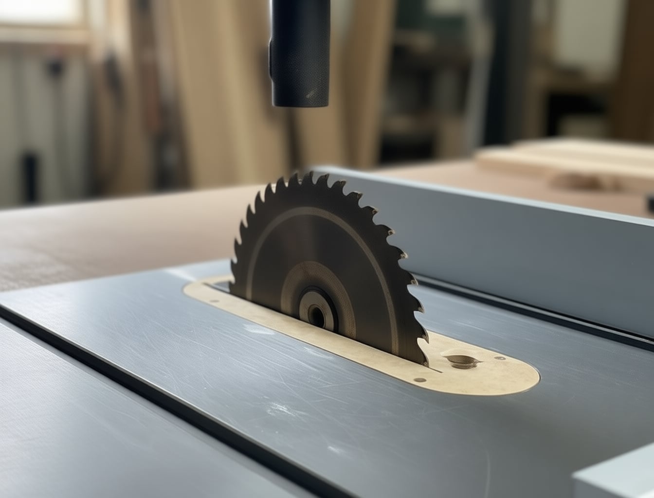 A zero-clearance insert. The slot is no wider than the blade itself, so offcuts have nothing to drop into and the underside of the cut stays clean.