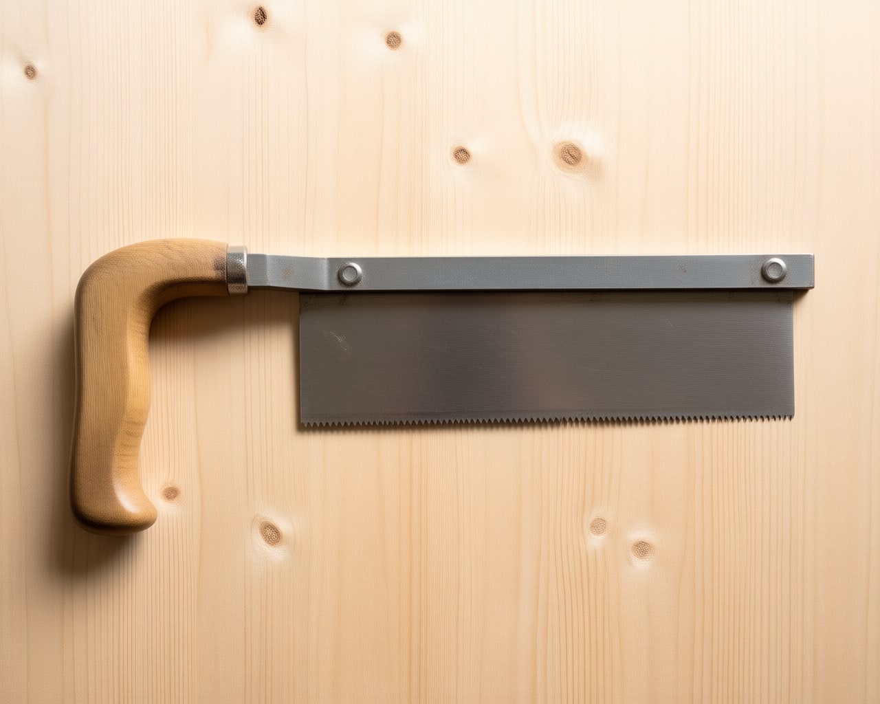 A backsaw. The heavy spine folded over the top edge is the whole point: it stiffens a thin, fine-toothed blade that would otherwise flex and wander off the line.
