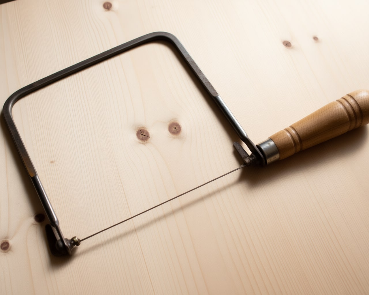 A coping saw -- the deep spring-steel frame is what gives it the reach to cut well inside the edge of a board, and the thin blade tensioned across it is what lets it turn a tight curve.