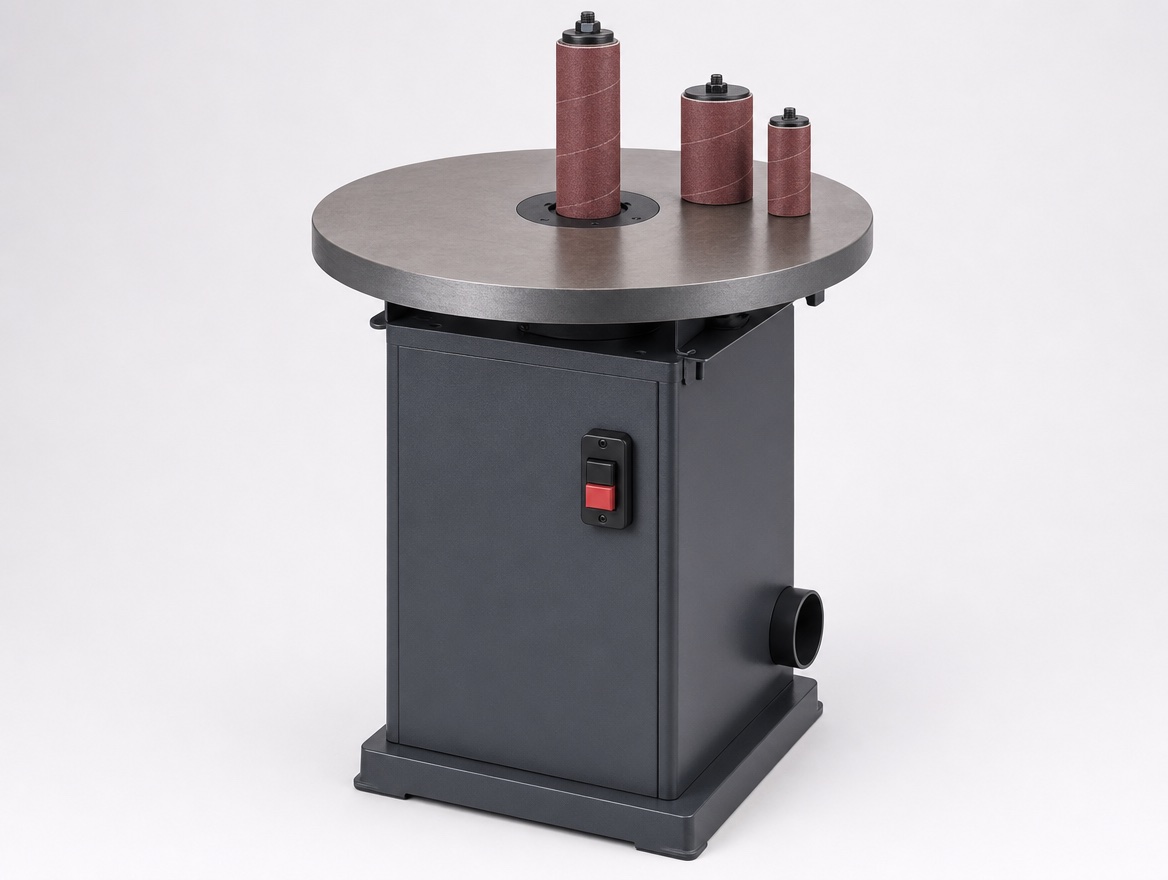An oscillating spindle sander -- the abrasive drum protrudes through a cast-iron table, with interchangeable drums of different diameters shown alongside it.