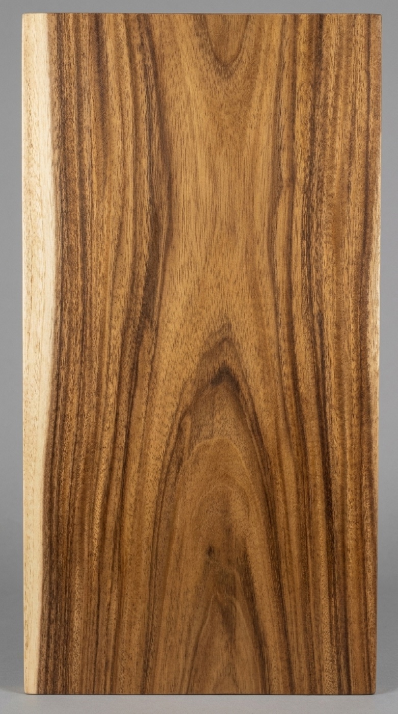 A board of monkeypod, sold as acacia -- dark streaked heartwood against pale sapwood