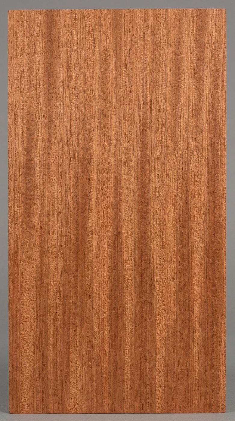 A quartersawn board of African mahogany (Khaya) -- the regular ribbon stripe produced by its strongly interlocked grain