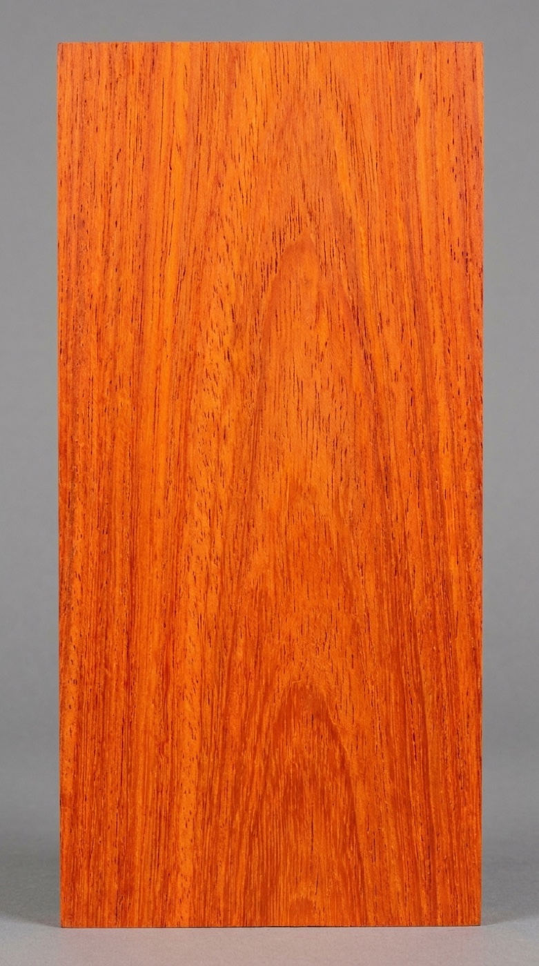 A board of African padauk -- the intense fresh-cut orange, which will darken to reddish brown within months