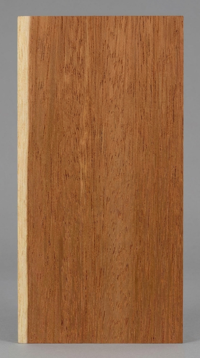 A board of Afzelia (Doussie) -- reddish-brown heartwood with a coarse, open-pored texture