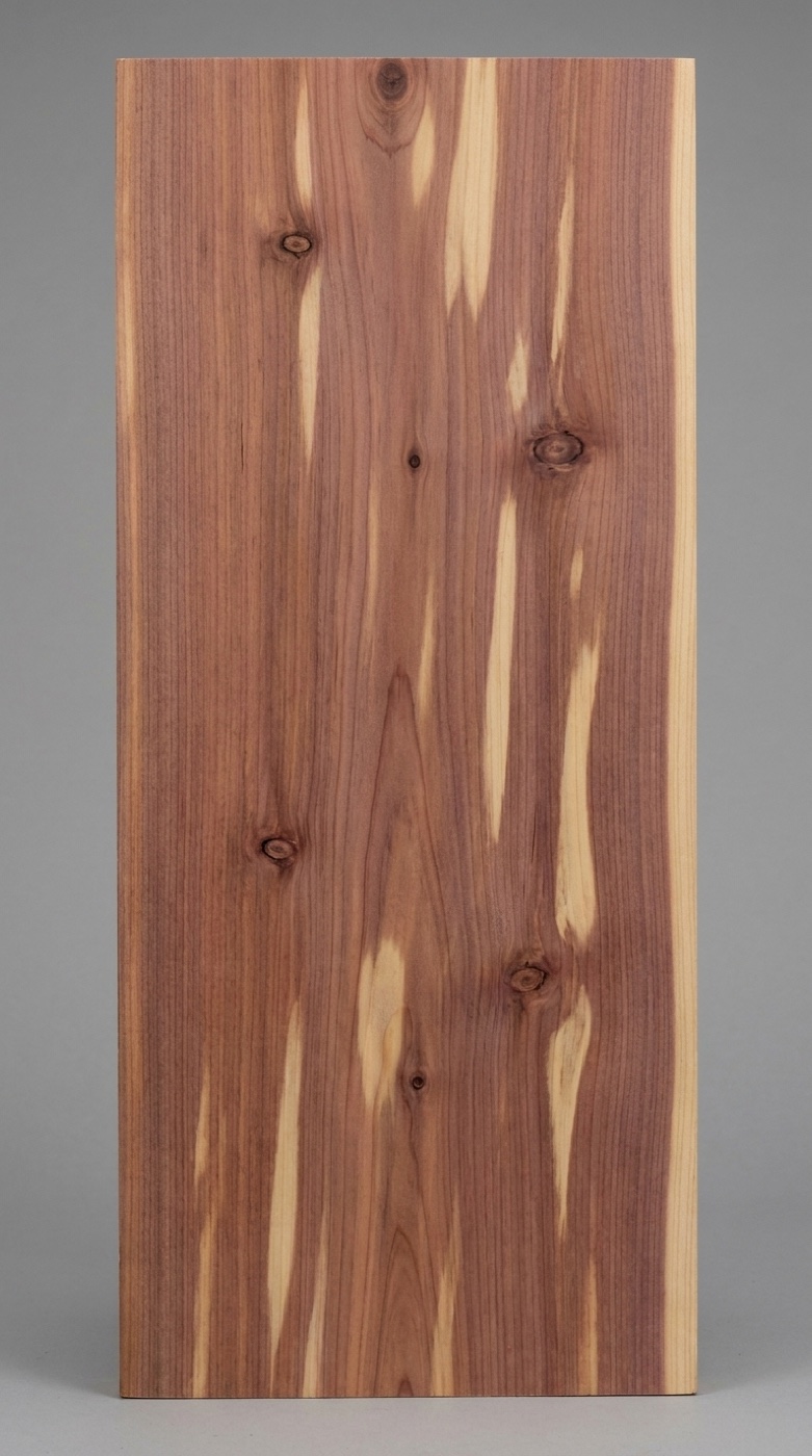 A board of aromatic red cedar -- violet-brown heartwood streaked with pale sapwood and studded with small tight knots