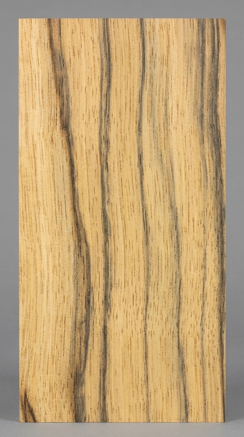 A board of black limba (korina) -- pale gold with the dramatic dark streaking the heartwood grades are bought for