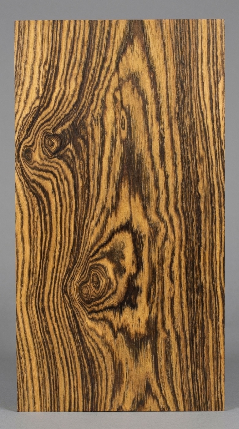 A board of bocote -- golden brown with the bold black swirling stripes and eye figure it's bought for