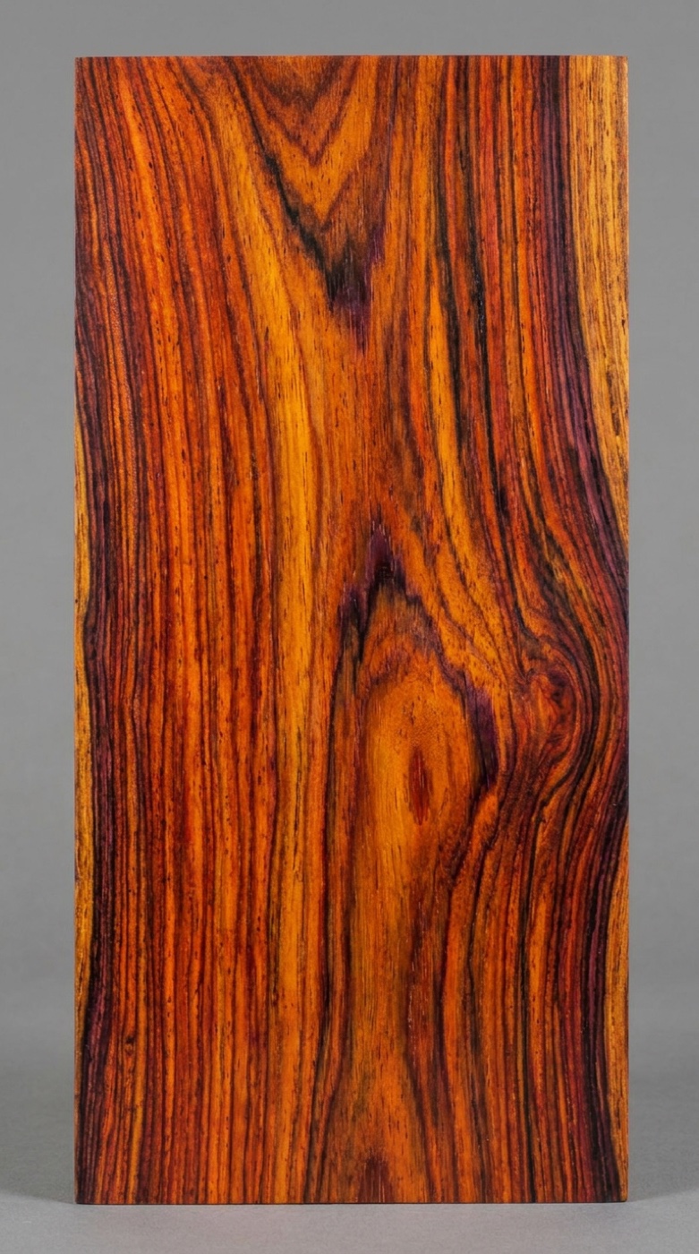 A board of cocobolo -- oranges and reds shot through with black streaking, and the oily luster it polishes to unaided