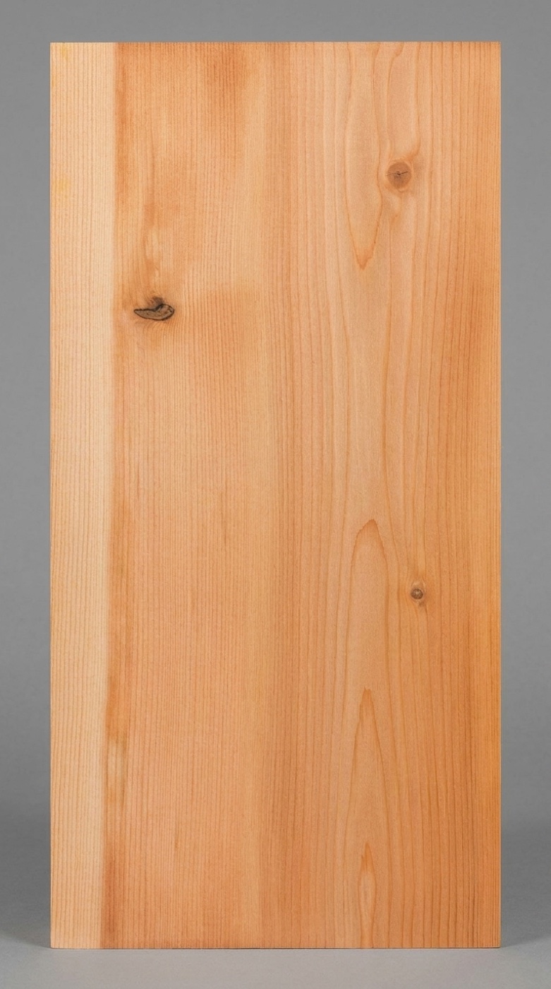 A board of Douglas fir -- orange-brown with the sharp earlywood/latewood contrast that makes it splinter and makes it stripe under stain