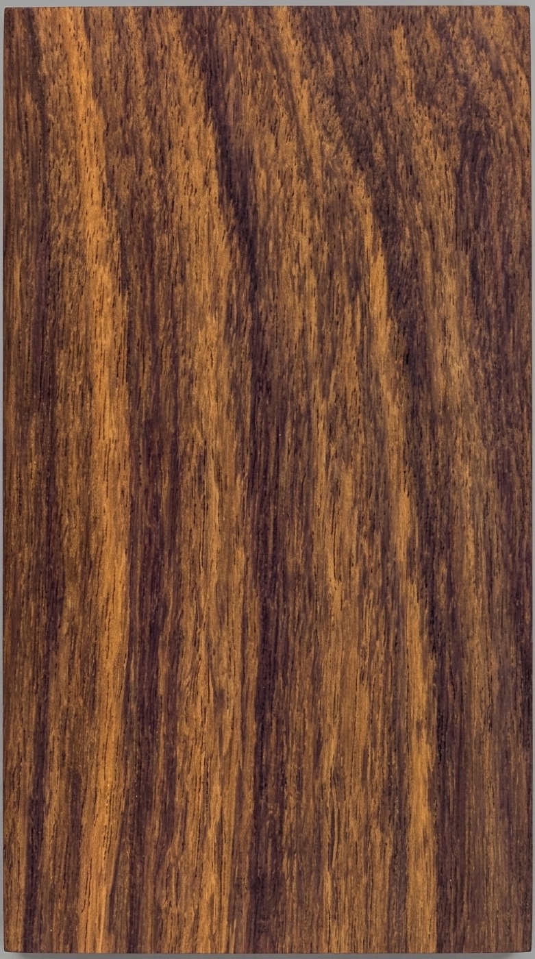 A board of East Indian rosewood -- purplish brown with darker streaking and the fine, tight texture of a true Dalbergia