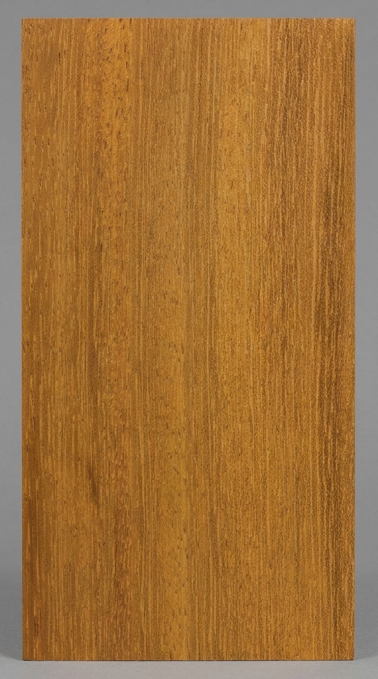 A board of iroko -- golden to reddish brown with interlocked grain and a coarse, open texture