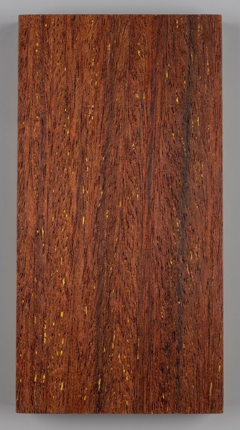 A board of Merbau -- orange-brown to reddish brown with characteristic yellow mineral deposits in the pores