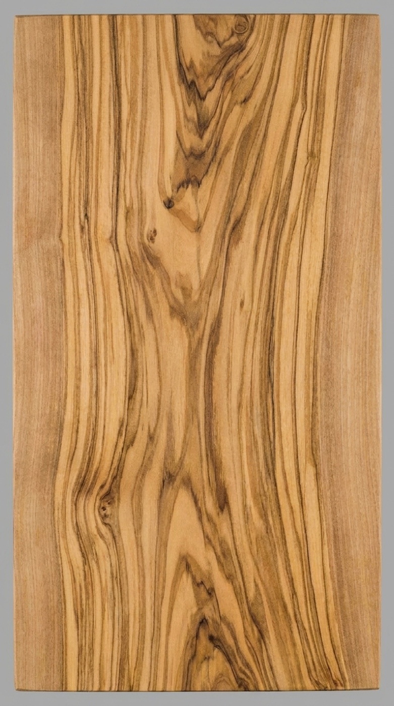 A board of olive -- cream and gold with bold black streaking and wildly swirling grain