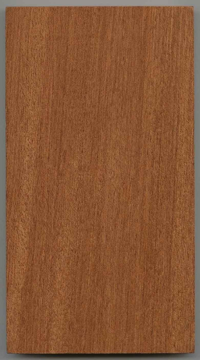 A board of Dark Red Meranti -- uniform reddish brown with a coarse, open-pored texture and a faint ribbon stripe from its interlocked grain