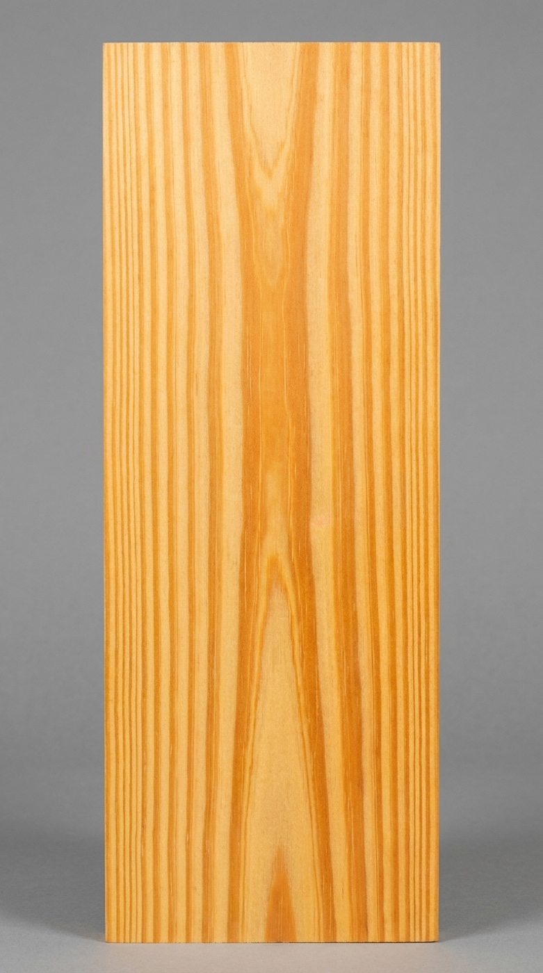 A board of Southern Yellow Pine -- orange-amber with the hard, dark, high-contrast latewood banding that makes it strong and makes it blotch